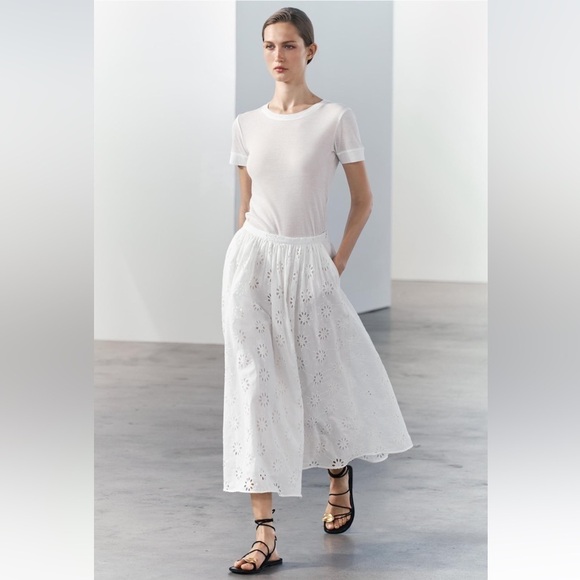New ZARA Embroidered Eyelet Midi Skirt ZW Collection - Picture 2 of 9